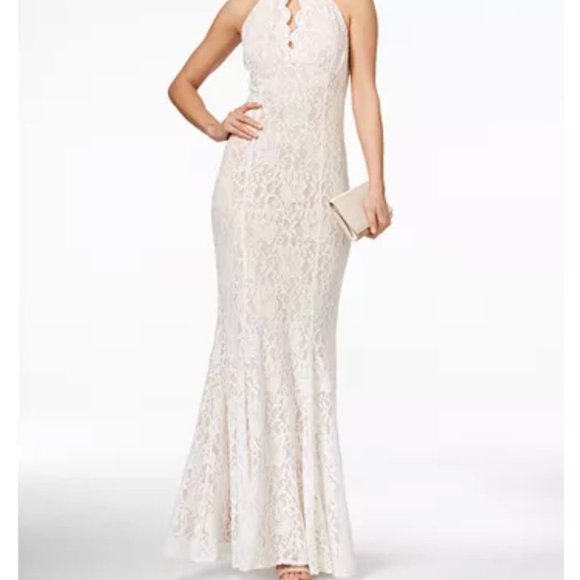 Nightway Lace Keyhole Halter Gown Maxi Mermaid Wedding Dress Ivory/Nude Size 8 - Picture 3 of 4